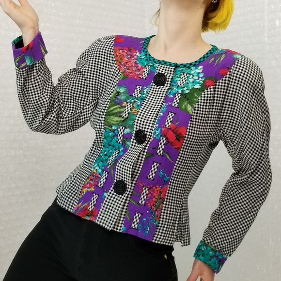 Carole Little VTG 90s floral & houndstooth blazer